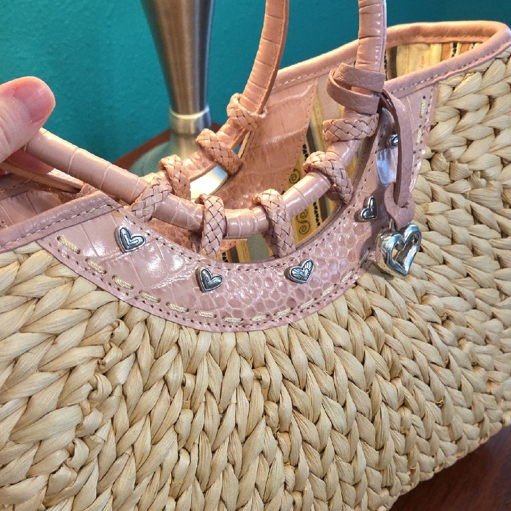Brighton Straw Structured Tote Bag With Pink Faux Croc Embossed Leather Trim - Picture 9 of 14